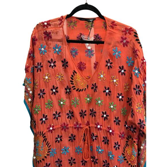 NWT Zara Embroidered Beaded Kaftan Dress M Boho Ethnic Viscose Colorful Maxi - Picture 4 of 13